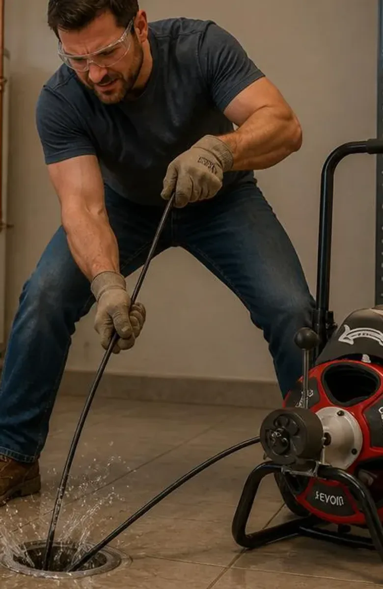 Homeowner clearing a floor drain with the VEVOR drain cleaning machine, inspection camera and drain auger beside him