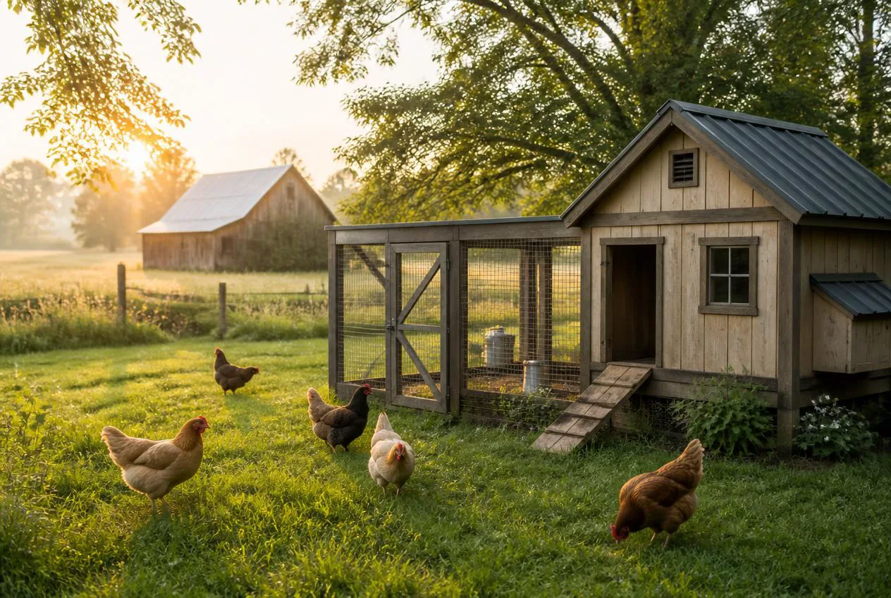 Backyard chicken coop with hens roaming at sunrise
