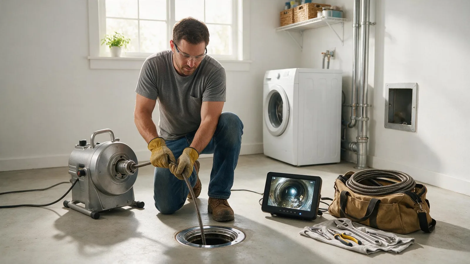 Feeding a drain snake into a floor drain with a sewer camera monitor