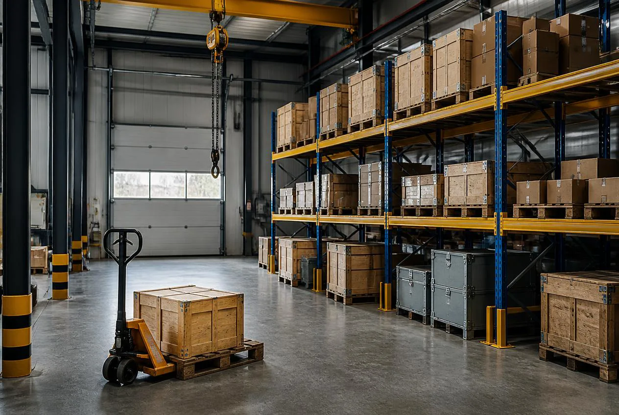 Warehouse aisle with pallet jack, crates and a hoist on the beam