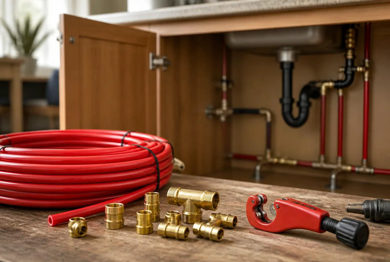 Red PEX pipe coil and brass fittings on a workbench under a kitchen sink